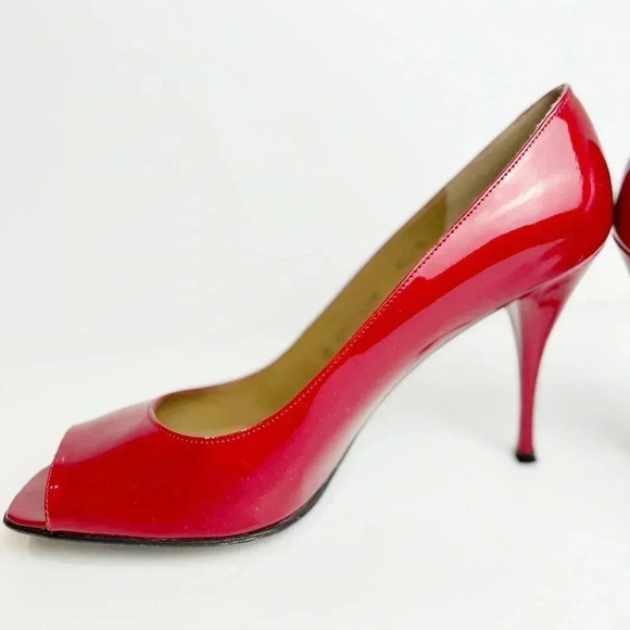 Stuart Weitzman “Linda” open toe patent leather red pumps, Like NEW Sexy Elegant - Picture 1 of 11